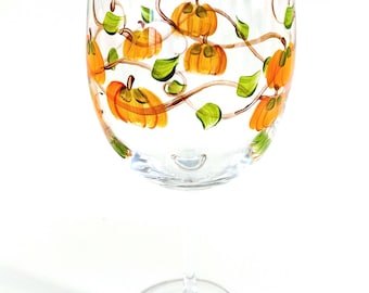 Pumpkin wine glass hand painted-Hostess gift, Thanksgiving decor, Fall birthday gift, Autumn barware. Made in USA.