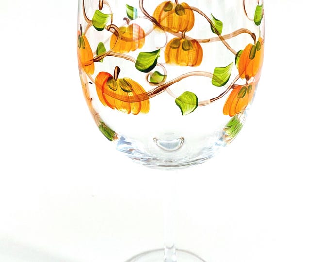 Pumpkin wine glass hand painted-Hostess gift, Thanksgiving decor, Fall birthday gift, Autumn barware. Made in USA.