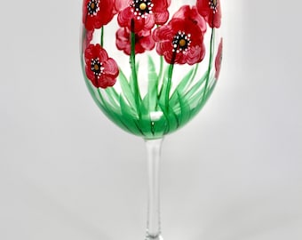 August birth month wine glass- hand painted red Poppy wildflower art