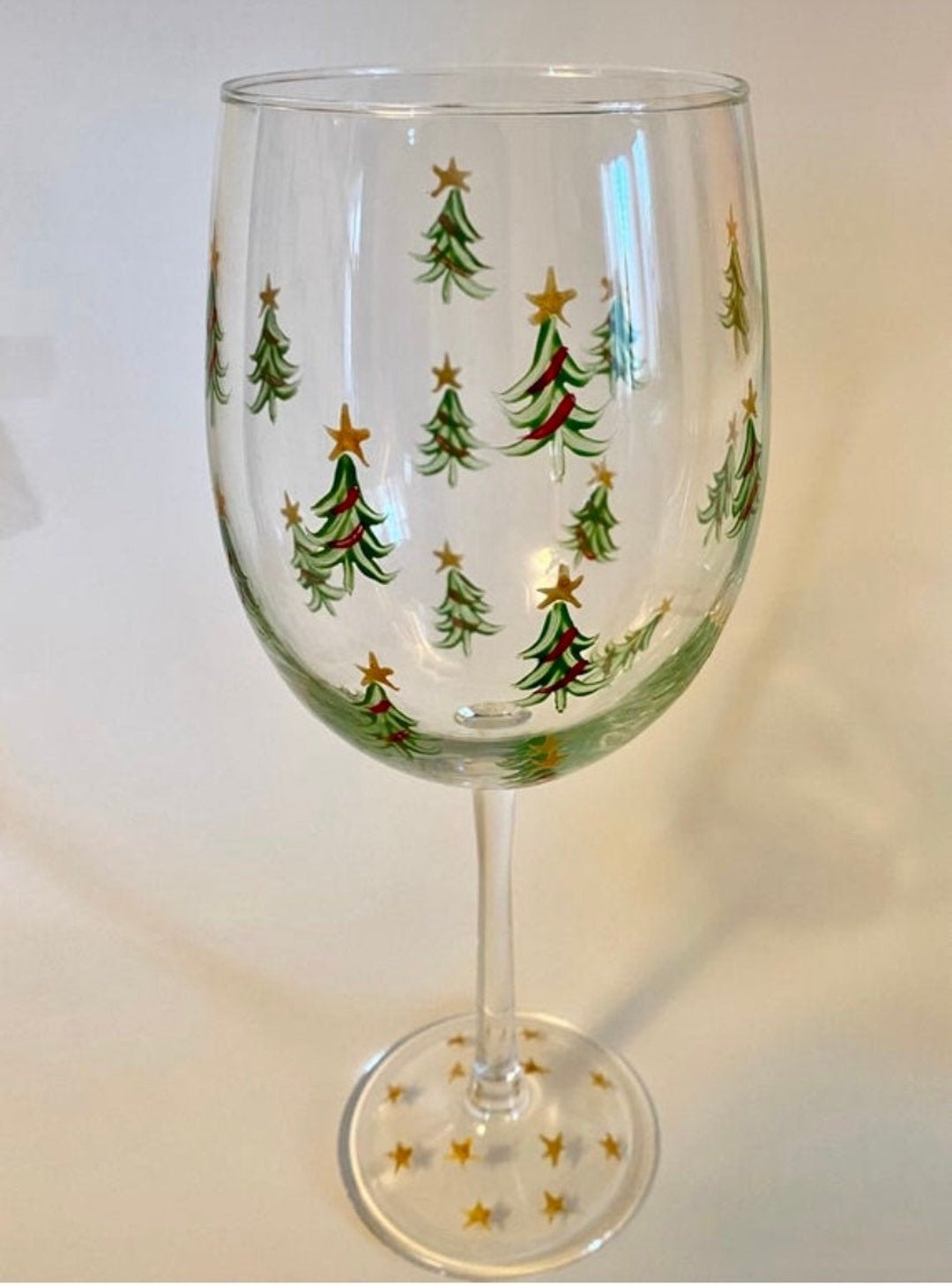Stem Wine Glass Christmas Trees Hand Painted, Minimalist Design