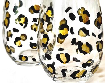 Leopard print wine glasses set of 2 stemless animal print party decor