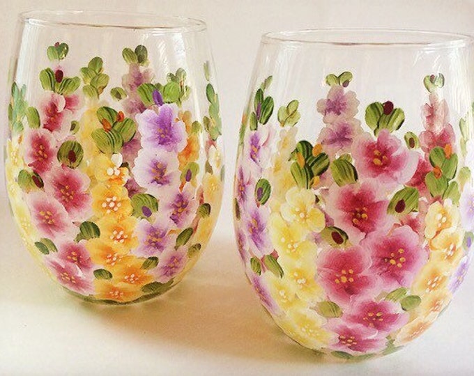 Stemless wine glasses. August birth flower. Set of two. Gladiolus hand painted. Large capacity. Garden wedding. USA.