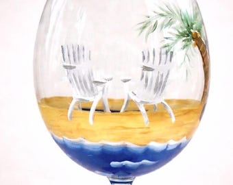 Hand Painted Beach Wine Glass: Adirondack Chairs, Palm Tree Barware