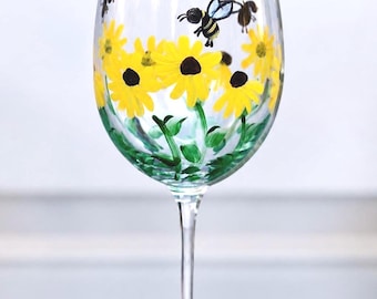Hand Painted Wine Glass – Bumble Bees, Wildflowers, Garden Decor
