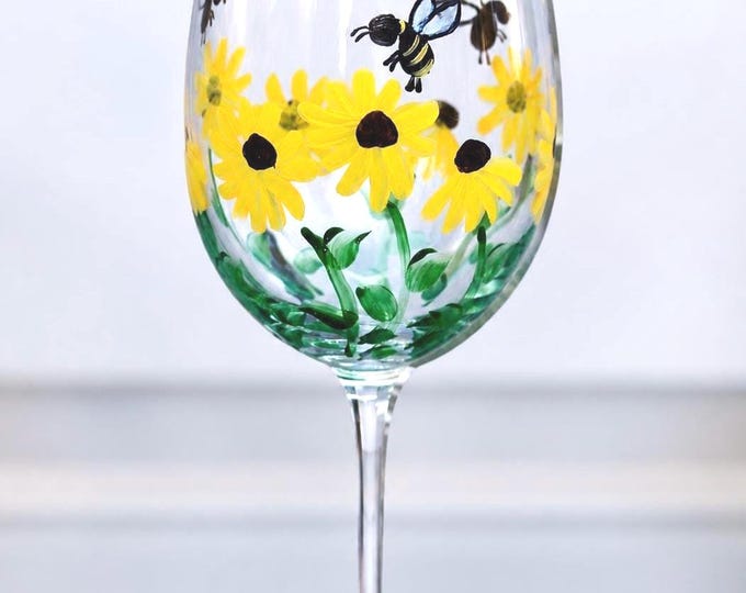 Hand Painted Wine Glass – Bees, Wildflowers, Garden Decor