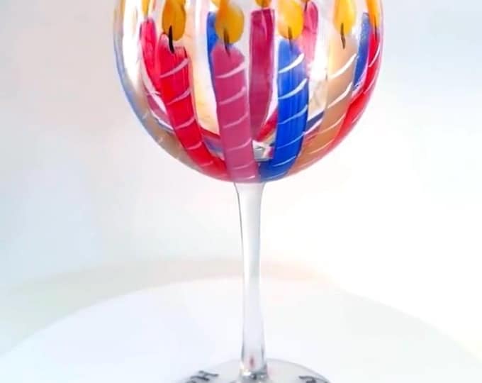 Hand painted Birthday wine glass gift- party decor - colorful candles on glass
