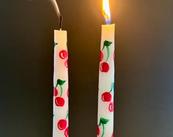 Hand Painted Cherry Taper Candles Set,  gift for Mom, 12 Inch Unscented Dinner Candles