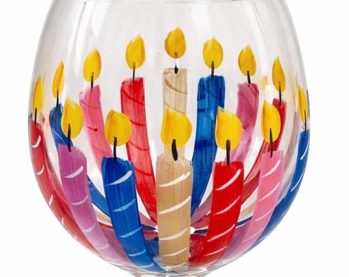 Hand painted Birthday wine glass gift- party decor - colorful candles on glass
