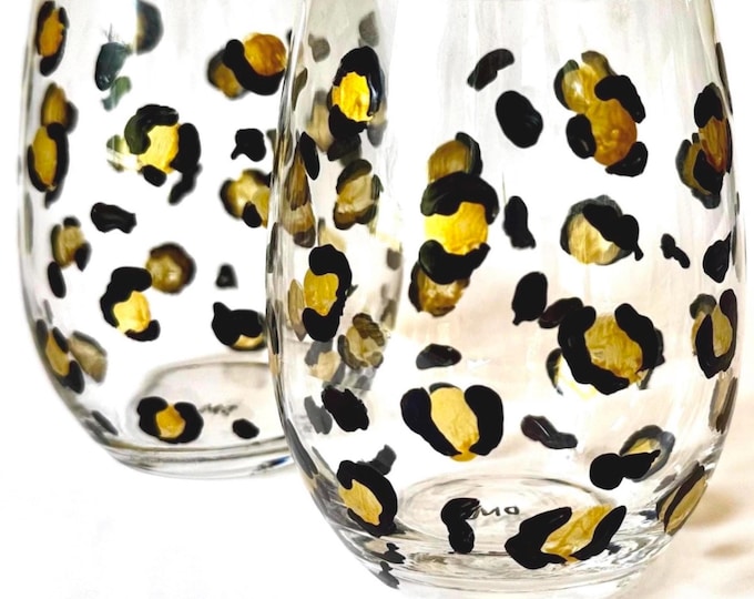 Leopard Print Wine Glasses Set of 2, Stemless Animal Print Wine Glass, Cheetah Print Party Decor, Wild Animal Print Barware Gift