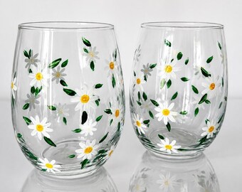 Stemless Daisy wine glasses, set of 2 hand painted wildflower glasses. Made in USA