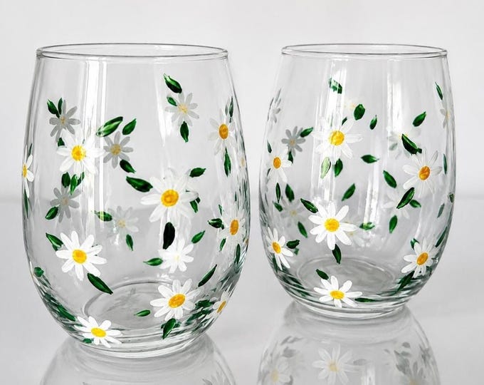 Stemless Daisy wine glasses, set of 2 hand painted wildflower glasses. Made in USA
