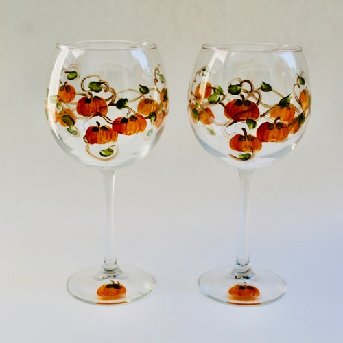 Pumpkin Wine Glasses Hand Painted Set of 2. Thanksgiving Etsy