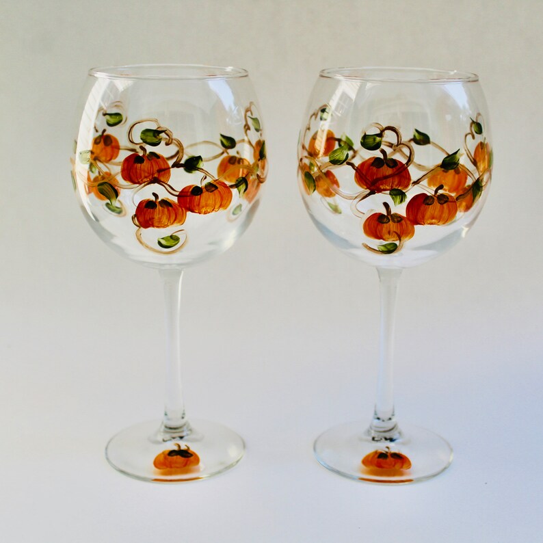 Pumpkin Wine Glasses Hand Painted Set of 2. Thanksgiving Etsy