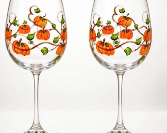 Hand Painted Pumpkin Wine Glass,  Halloween Fall Thanksgiving stemware.