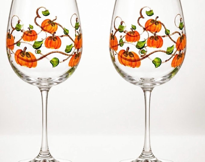 Hand Painted Pumpkin Wine Glass,  Halloween Fall Thanksgiving stemware.