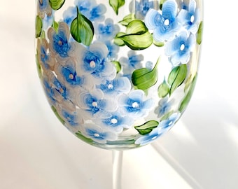 Hand Painted Hydrangea Wine Glass, Cape Cod Floral, Summer Wedding Gift