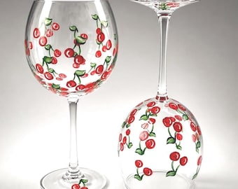 Hand Painted Wine Glasses, Set of 2 Cherry stem or stemless Summer party gift