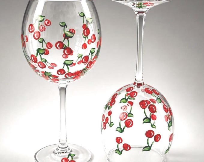 Hand Painted Wine Glasses, Set of 2 Cherry stem or stemless Summer party gift