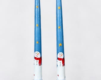Snowman Winter Christmas candles hand painted 12 inch blue tapers