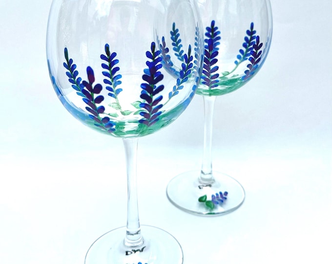 Hand Painted Lavender Wine Glasses Minimalist Floral Design Set of 2 Made in USA Purple Stemware Gift