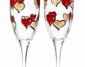 Hand Painted Hearts Champagne Flutes Set of 2 made in USA