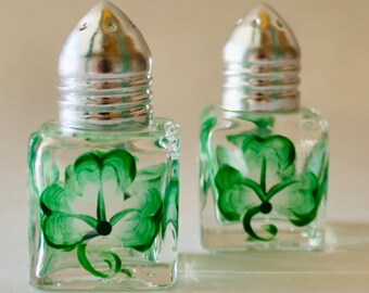 Irish shamrock salt and pepper miniature shakers, hand painted, St. Patrick's Day party, wedding table decorations.