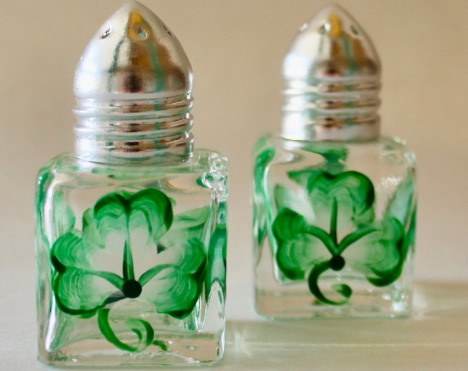 Irish salt and pepper miniature shakers, hand painted shamrocks, St. Patrick's Day party, wedding table decorations.