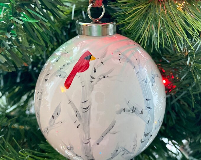 Cardinal and birch Christmas ornament hand painted.  Ceramic ball with birch trees and red cardinals.  Holiday decor. Made in USA.