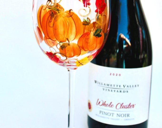 Hand Painted Pumpkin Wine Glass: Fall Leaves, Thanksgiving Decor