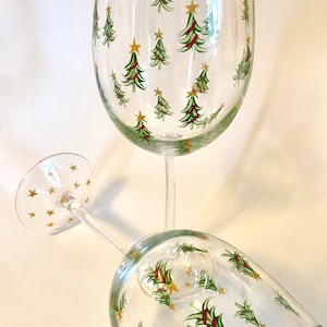 Hand Painted Christmas Wine Glasses: Holiday Tree Decor, Set of 2 made in USA