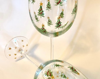 Christmas painted wine glasses- hand painted Christmas trees set of two.  Holiday decor/ minimalist design.