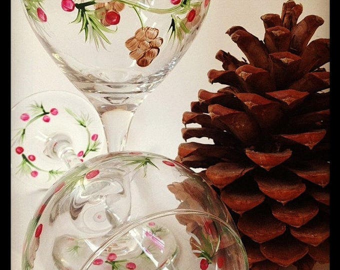 Winter wine glasses.  Hand painted pine cones.  Set of two glasses. Gift for her. Large capacity 18.5 oz. Made in USA