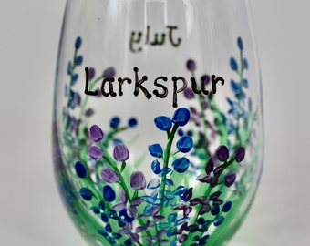 Summer wine glass, Birth month flower, July birthday - hand painted Larkspur -  Custom wine lover gift for her - Summer decor