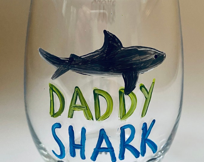 Father's Day stemless wine glass, Daddy Shark hand painted gift for him. Barware.  Wine lover gift. Made in USA.