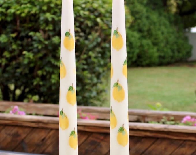 Hand Painted Lemon Taper Candles: Citrus Decor Set of 2