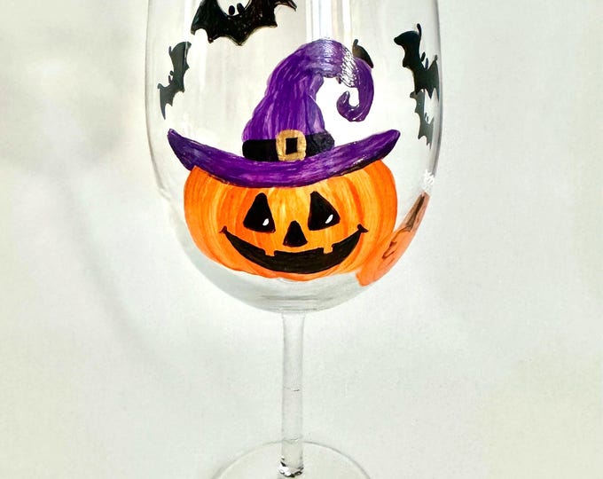 Hand Painted Halloween Party Decor Wine Glass Pumpkin Witch, Bats.  Hostess Gift