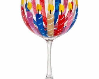 Personalized Birthday wine glass- year and name - unique hand painted design with candles