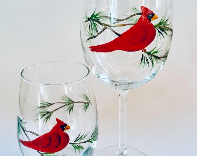 Cardinal on pine branch hand painted wine glass - Nature bird stemware gift - Christmas Holiday Winter art.