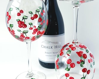 Hand Painted Cherry Wine Glasses, Set of 2, Summer Gift