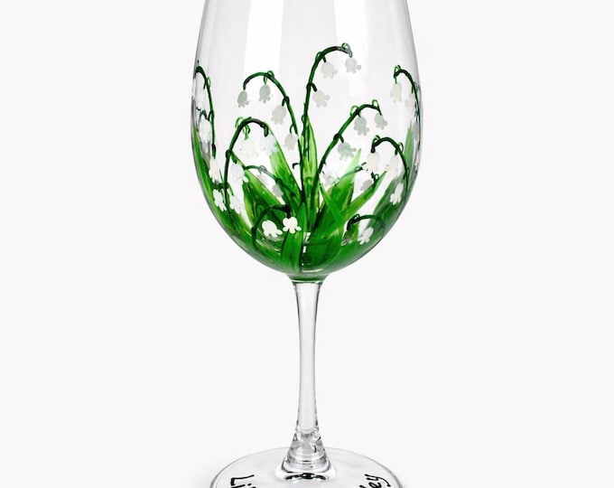 Hand Painted Lily of the Valley Wine Glass – May Birth Flower Botanical Art