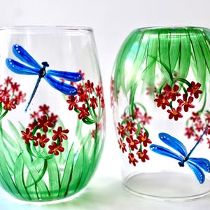 Hand Painted Dragonfly Wine Glasses - Set of 2 - Garden Decor