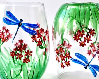 Garden hand painted stemless wine glasses- set of 2 - Nature decor - Mother's Day gift. USA made