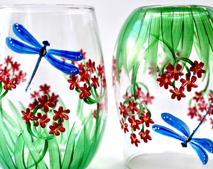 Garden hand painted stemless wine glasses- set of 2 - Nature decor - Mother's Day gift. USA made