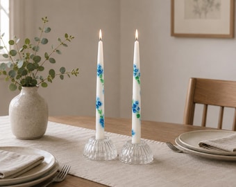 Hand Painted Floral Hydrangea Candles, Set of 2, Unscented Slow Burning, 12" Long