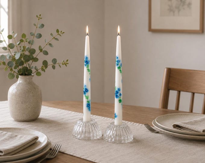Hand Painted Floral Hydrangea Candles, Set of 2, Unscented Slow Burning, 12" Long