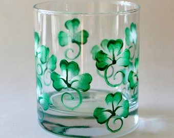 Bourbon rocks glass Irish whiskey glass, Old Fashions, Scotch lover barware, hand painted shamrocks. Irish decor.