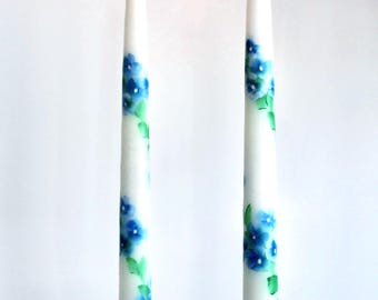 Hand Painted Hydrangea Taper Candles, gift for Mom, Set of 2, Unscented, 12" Long