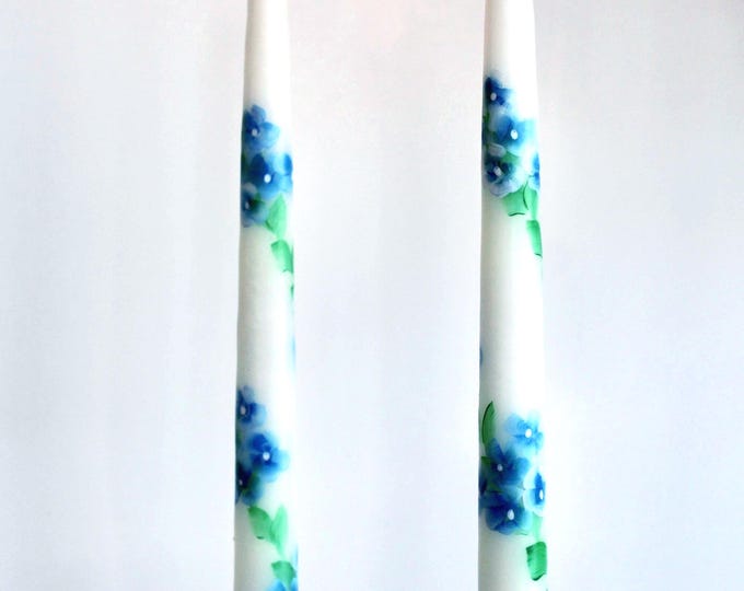 Hand Painted Hydrangea Taper Candles, gift for Mom, Set of 2, Unscented, 12" Long