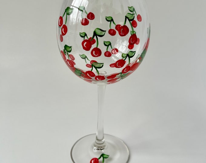 Cherry painted wine glass - USA Made - Perfect Mother's Day Gift for Cherry Lover - Minimalist design - Summer decor - large capacity