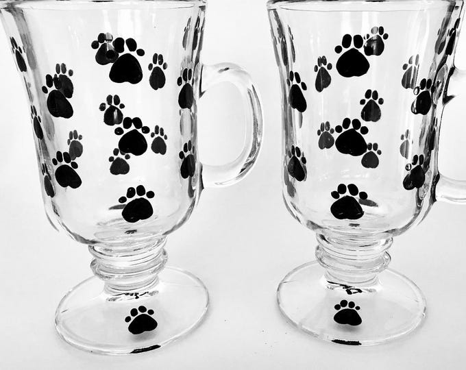 Hand painted paw print coffee mugs. Pedestal coffee glasses. Unique pet lover gift. Can be personalized